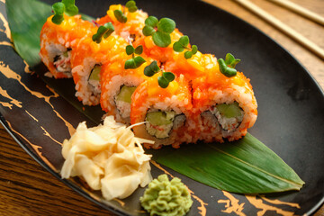A set of fresh sushi rolls with salmon