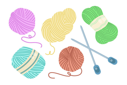 Balls of yarn with needles cartoon illustration set. Colorful knitting wool rolls, skein, bobbin, clew, cotton threads isolated on white background. Sewing, handicraft, crochet, textile concept
