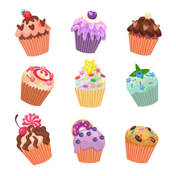 Different colorful cupcakes or muffins vector illustrations set. Collection of drawings of little cakes with frosting and sprinkles isolated on white background. Holiday, dessert, decoration concept