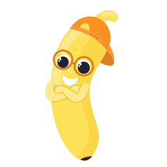 Banana in cartoon style. A fruit with a face and glasses and a baseball cap is happy and smiling. Banana for baby food, packaging, for fruit puree or juice.