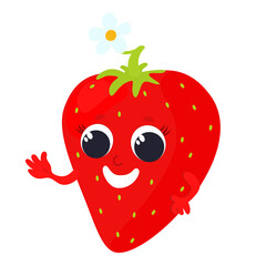 Strawberries in cartoon style. A fruit with a face and a flower is happy and smiling. Strawberries for baby food, packaging, for fruit puree or juice or baby gel and shampoo.