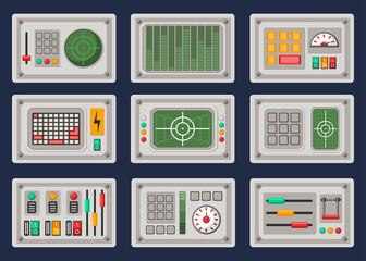 Different control panels cartoon illustration set. Retro consoles with buttons, knobs, switches. Metal dashboard or display of spacecraft or space ship. Equipment, machine, computer concept © PCH.Vector