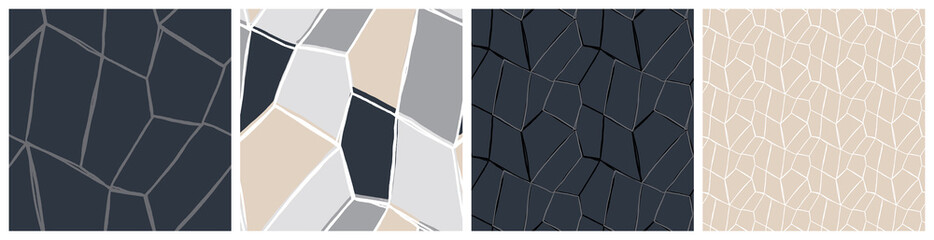 Modern mosaic seamless pattern set. Masculine geometric collection in neutral grey and beige colours. Irregular tiles vectror background collection.