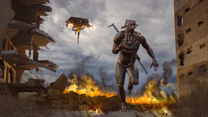 Digital 3d illustration of a mech soldier running from an attack drone in a war zone - digital fantasy painting
