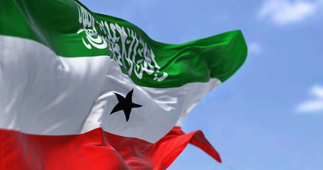side close-up view of Somaliland national flag waving in the wind.