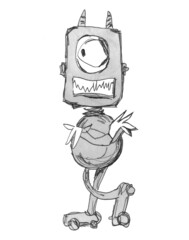 Robot devil. Comic cartoon style. Evil character with horns on his head.Ink illustration.