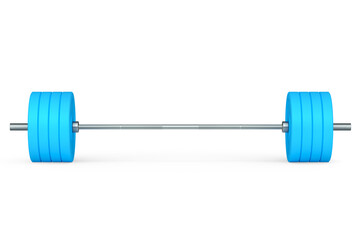 Abstract metal barbell with blue disks isolated on white background