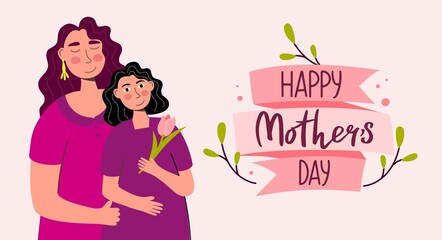Happy Mothers Day holiday banner template with mom and daughter and lettering Vector illustration