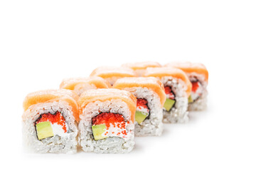 Sushi with red fish, Asian cuisine. Photo of food on a white background
