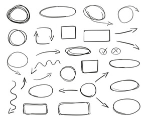 Hand drawn symbols on isolated background. Chaotic geometric shapes with hatching. Wavy tangled arrows. Black and white illustration. Elements for posters and flyers