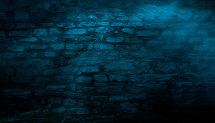 Dark old empty wall, blue neon moonlight. Night dark street of the old city. Stone wall, concrete, limestone. Empty street night scene.
