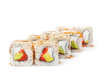 Sushi with vegetables, Asian cuisine. Photo of food on a white background