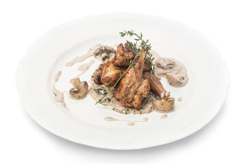 Grilled chicken with vegetables in a plate. Photo of food on a white background