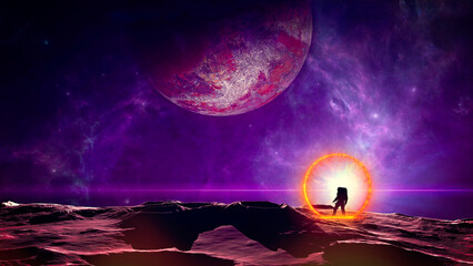 Travel in space time. Time traveler enters a portal that unites two worlds. Futuristic landscape of another planet. Sci-fi. New worlds and colonization of other planets. Astronaut. 3d rendering  © Naeblys
