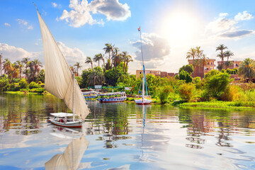 Sailboat in the Nile River, Luxor city, scenery of Egypt