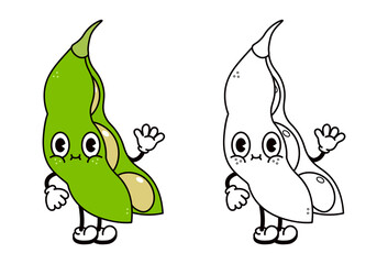 Cute funny beans waving hand character outline cartoon illustration for coloring book. Vector hand drawn traditional cartoon vintage, retro, beans character. Isolated on white background
