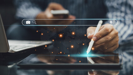 Person working with digital tablet for manage search engine optimization : SEO with social media content and advertisement from website.