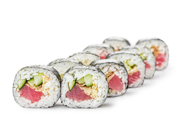 Sushi with red fish, Asian cuisine. Photo of food on a white background