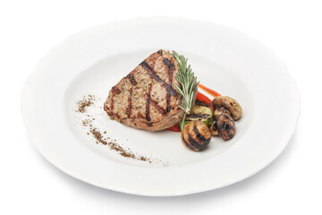 Grilled meat with vegetables in a plate. Photo of food on a white background