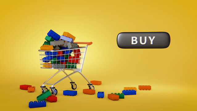 3d illustration of shopping cart full of constructor parts with button buy.