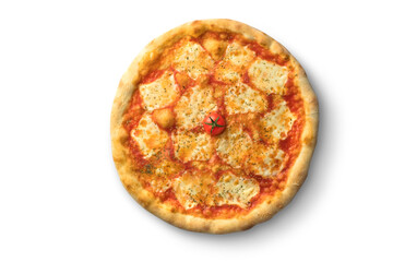 Pizza with tomatoes and cheese, fast food cuisine. Photo of food on a white background