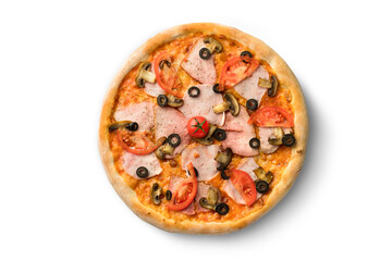 Pizza with meat olives, fast food cuisine. Photo of food on a white background