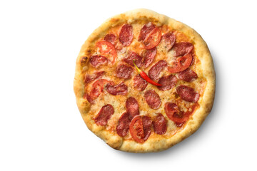 Pizza with tomatoes and sausage, fast food kitchen. Photo of food on a white background