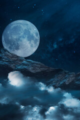 Fototapeta premium Clouds. Fantasy night landscape with mountains and clouds reflected in the water. Neon blue. Abstract islands, stones on the water. Dark natural scene. Neon space planet. 3D illustration. 