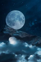 Photo sur Plexiglas Pleine Lune arbre Des nuages. Paysage de nuit fantastique avec des montagnes et des nuages reflétés dans l& 39 eau. Bleu néon. Îles abstraites, pierres sur l& 39 eau. Scène naturelle sombre. Planète spatiale au néon. Illustration 3D.