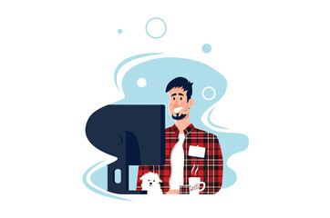 Illustration of a man working remotely from his home 