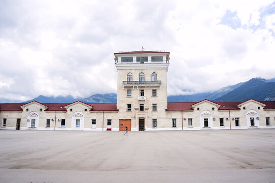 main square in front of office building of Massandra winery and Crimean mountains background