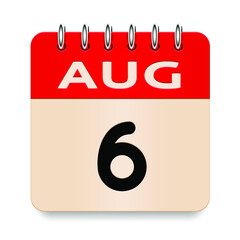 6 day of the month. August. Flip old formal calendar. 3d daily icon. Date. Week Sunday, Monday, Tuesday, Wednesday, Thursday, Friday, Saturday. Cut paper. White background. Vector illustration.