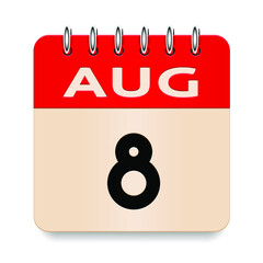 8 day of the month. August. Flip old formal calendar. 3d daily icon. Date. Week Sunday, Monday, Tuesday, Wednesday, Thursday, Friday, Saturday. Cut paper. White background. Vector illustration.