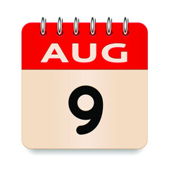 9 day of the month. August. Flip old formal calendar. 3d daily icon. Date. Week Sunday, Monday, Tuesday, Wednesday, Thursday, Friday, Saturday. Cut paper. White background. Vector illustration.