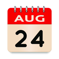 24 day of the month. August. Flip old formal calendar. 3d daily icon. Date. Week Sunday, Monday, Tuesday, Wednesday, Thursday, Friday, Saturday. Cut paper. White background. Vector illustration.