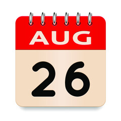 26 day of the month. August. Flip old formal calendar. 3d daily icon. Date. Week Sunday, Monday, Tuesday, Wednesday, Thursday, Friday, Saturday. Cut paper. White background. Vector illustration.