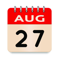 27 day of the month. August. Flip old formal calendar. 3d daily icon. Date. Week Sunday, Monday, Tuesday, Wednesday, Thursday, Friday, Saturday. Cut paper. White background. Vector illustration.