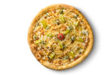 Pizza with tomatoes and cheese, fast food cuisine. Photo of food on a white background