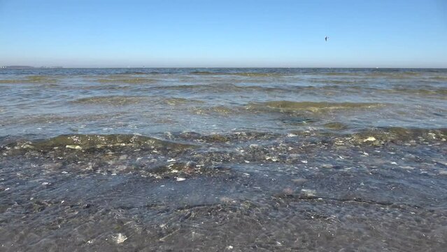 Low Angle View On Water Waves At The Coast Of A Baltic Sea Beach On A Sunny Day.