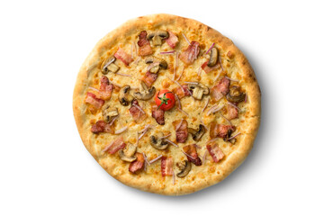 Pizza with meat and cheese, fast food cuisine. Photo of food on a white background