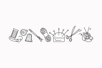 Set of vector icons. Handmade. Doodle style. Items and tools for sewing and needlework. White isolated background.