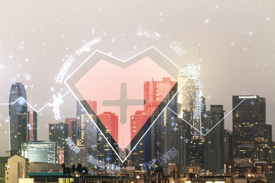 Abstract virtual heart rate sketch on Los Angeles office buildings background, Medicine and healthcare concept. Multiexposure - Powered by Adobe