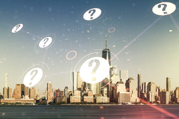 Abstract virtual question mark sketch on Manhattan cityscape background, FAQ and research concept....