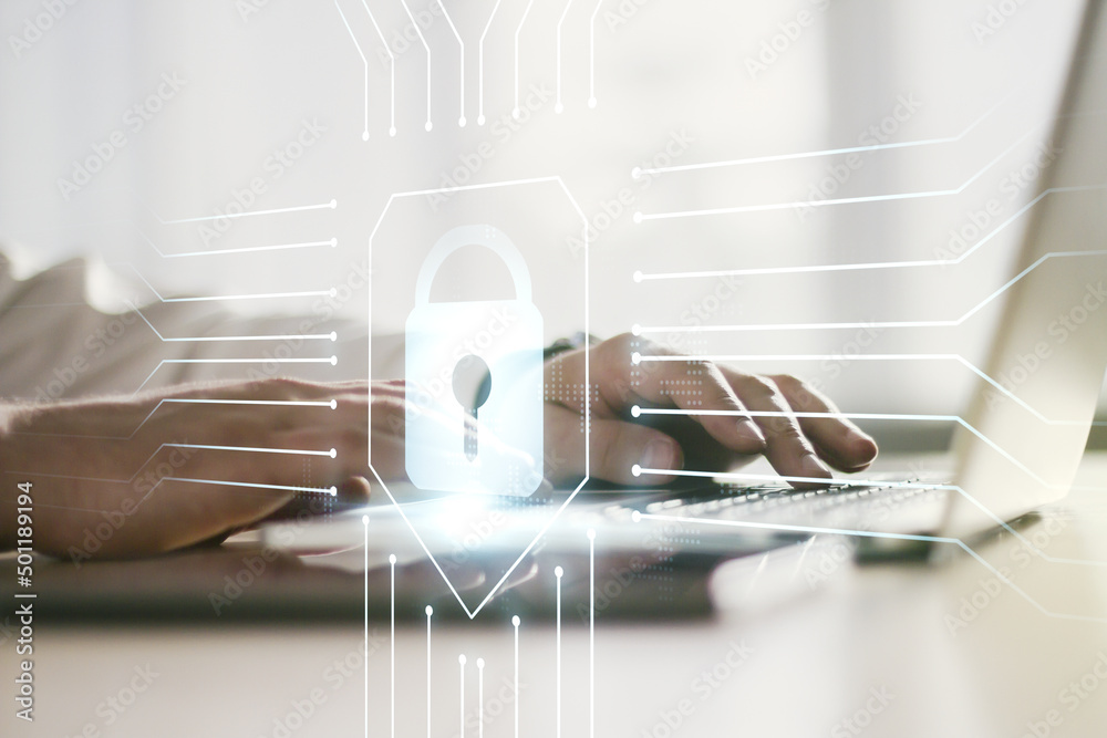 Poster creative idea concept with lock symbol and microcircuit illustration and hands typing on laptop on b