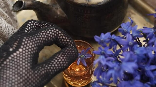 drink and tea pot in vintage still life with blue flowers blooming scilla siberica.  cinematic shot, top view