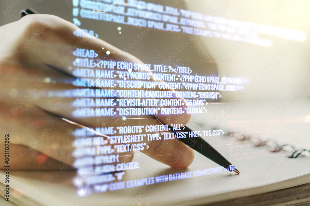 Poster double exposure of abstract programming language with man hand writing in notebook on background, re