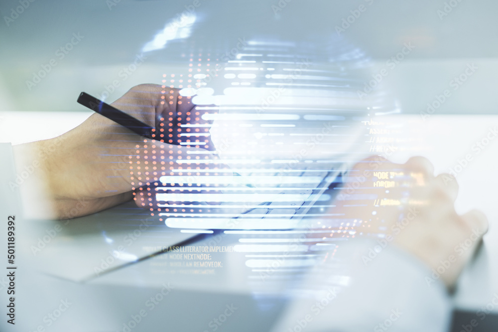 Poster double exposure of abstract creative programming illustration with world map and hand writing in not