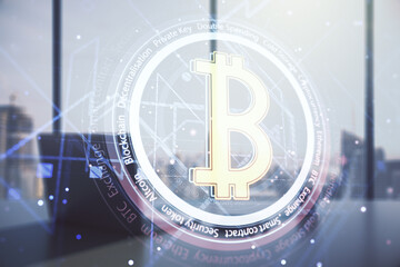 Creative Bitcoin concept and modern desktop with pc on background. Double exposure