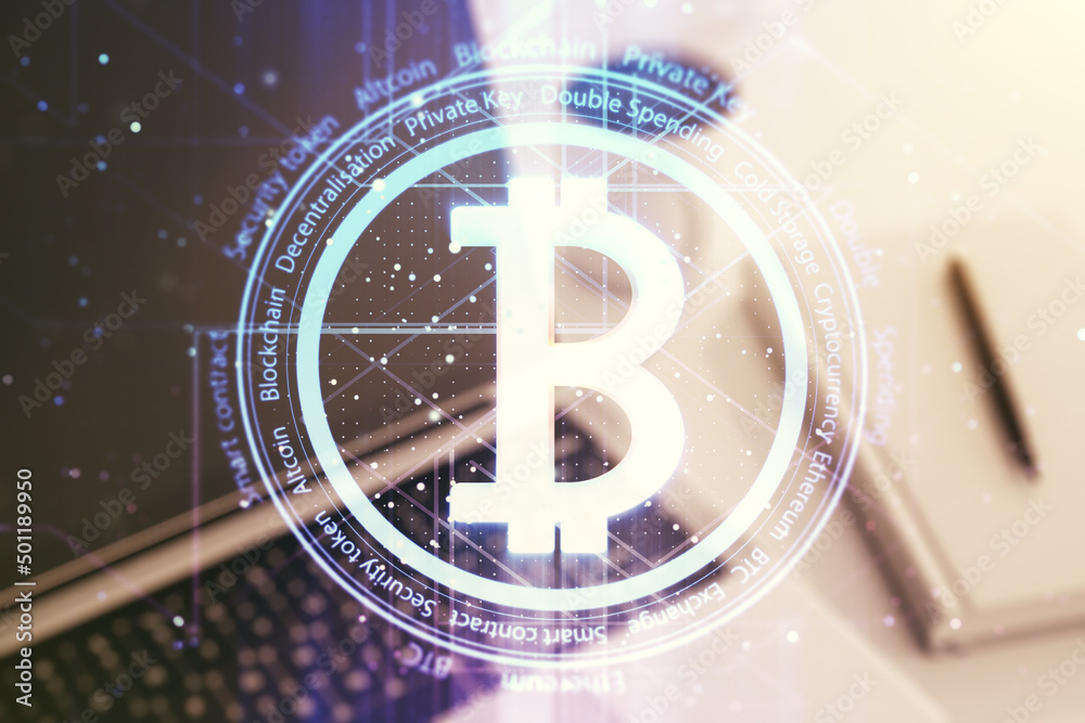Poster Creative Bitcoin concept with modern computer background. Double exposure