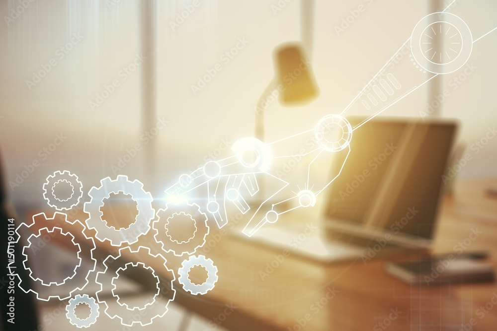 Poster creative abstract robotics technology sketch on modern laptop background, future technology and ai c